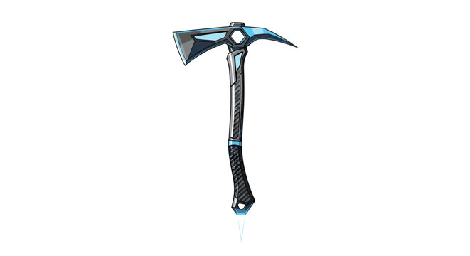 A futuristic carbon-fiber axe with glowing neon blue accents is presented against a plain white background, highlighting a high-tech design for gaming or adventure themes.