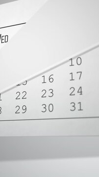 Vertical close-up of calendar days flipping rapidly through the year dynamic fast-forward animation depicting time management and busy schedules for social media ads