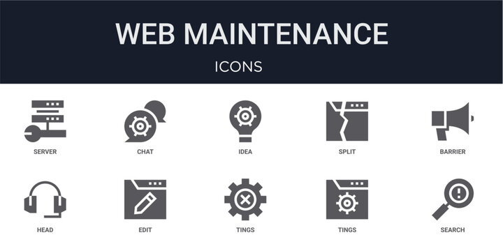 Set of 10 solid Web Maintenance icons for dashboards, app screens and website sections. Filled glyph collection including chat, split, head, tings and tings.