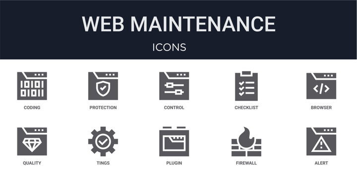 Set of 10 solid Web Maintenance icons for dashboards, app screens and website sections. Filled glyph collection including protection, checklist, quality, plugin and firewall.