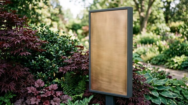 Blank vertical informational sign standing in a lush botanical garden with soft natural lighting for park wayfinding or garden exhibition branding
