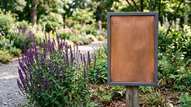 Copper sign mockup standing in a sunny botanical garden with sharp focus for park wayfinding and information display