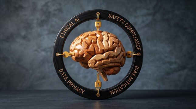 Concept of generative AI governance and LLM alignment with a wooden human brain model enclosed in a circular frame with locks and ethical text