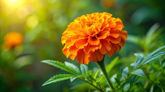 Vibrant orange marigold flower blooming in a sunny garden