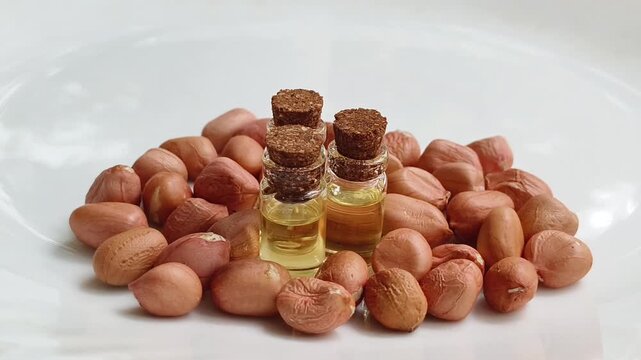 Peanut or groundnut vegetable cooking oil extract inside small glass bottle isolated on white table background. Natural and organic nutty flavor oil concept. Closeup rotation view.