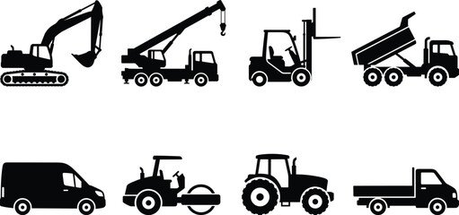 Construction Vehicle Silhouette Collection with Heavy Equipment and Transport Machines © LubanaAkter