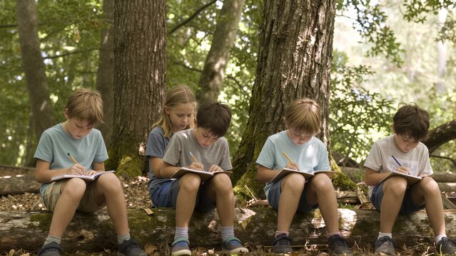 Five children write in notebooks while sitting on a log in a sunlit forest.