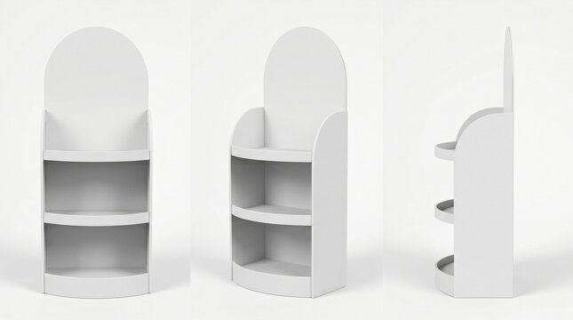 Cardboard display stand mockup set from multiple angles in minimalist studio light for retail product marketing