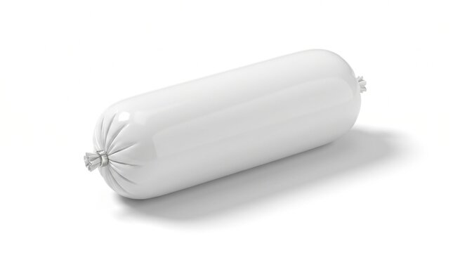White sausage mockup lying on white surface in minimalist studio with soft lighting for food packaging branding