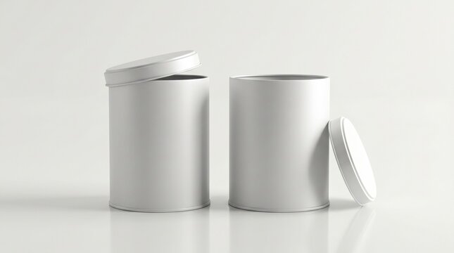 White cylindrical tin canister mockups standing on white surface in bright studio light for product packaging design