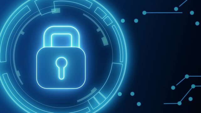 Cybersecurity and protection data background featuring a digital lock icon with a neon glowing circuit board style pattern. Concepts of internet data protection, protection against fraud, theft.