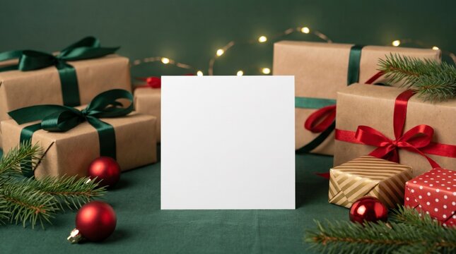 Square blank card mockup standing amidst festive christmas gifts and pine branches on green textile for holiday greeting card marketing