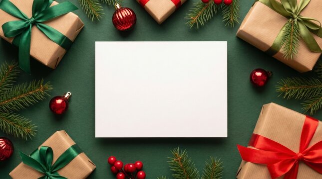 Blank christmas card mockup surrounded by festive gifts and pine branches on a green background for holiday marketing