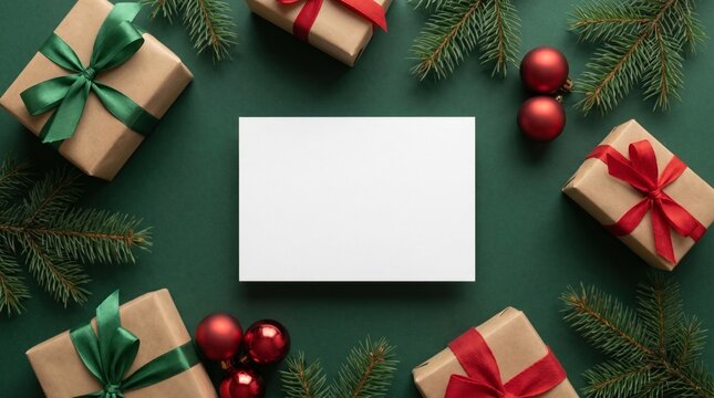 Blank christmas card mockup with wrapped gift boxes and fir branches on green surface for seasonal holiday marketing