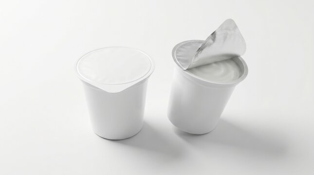 Yogurt cups mockup featuring one sealed and one opened container on a white surface with clean soft lighting for dairy product packaging design
