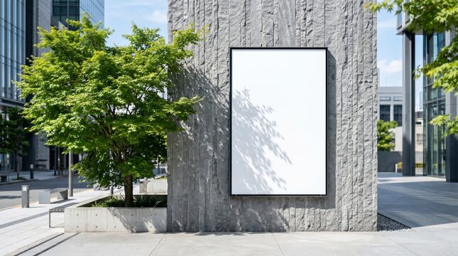 Vertical poster mockup mounted on textured concrete pillar next to green tree in sunlit urban plaza for outdoor brand advertising campaign