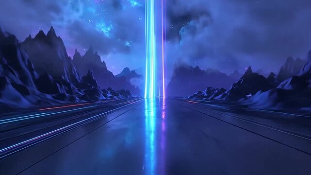 Futuristic neon light trails through a dark mountain valley under a starry night sky