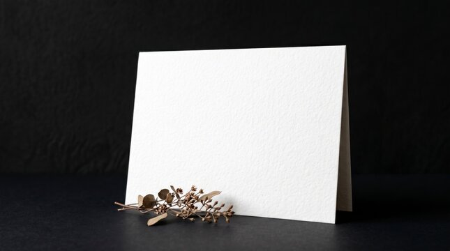 Blank textured invitation card standing with gold floral branch on dark background with elegant lighting for premium stationery branding