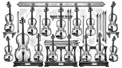 Display of classical violins and cellos in a music workshop © Teh