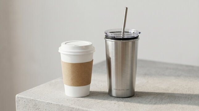 Metal travel tumbler and paper cup resting on stone pedestal in clean minimalist studio for sustainable lifestyle marketing