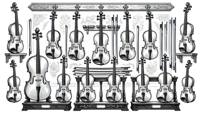 Display of classical violins and cellos in a music workshop
