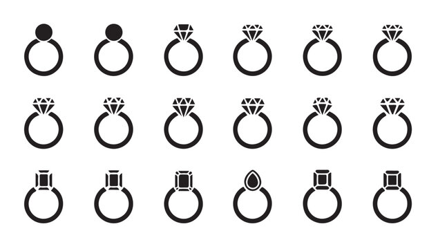 Set of simple ring icons with different gemstone shapes on transparent background.