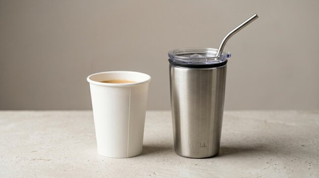 Stainless steel tumbler and paper coffee cup on a stone surface in a minimalist studio setting for sustainability marketing