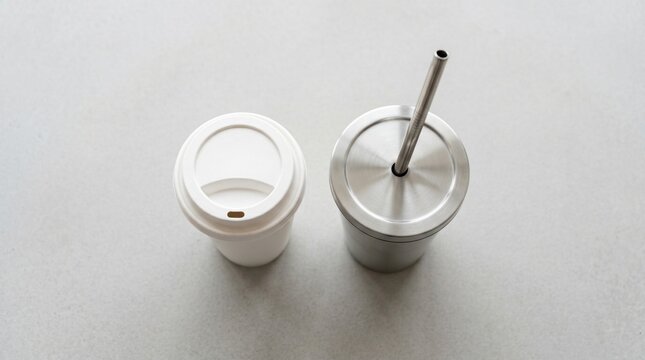 Stainless steel tumbler and disposable paper coffee cup on neutral stone surface in a minimalist top-down shot for sustainability marketing