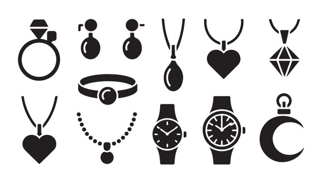 Jewelry collection icons featuring rings earrings necklaces bracelets and luxury watches.
