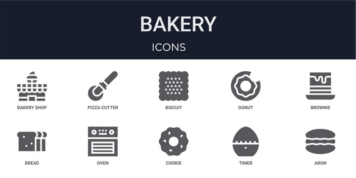 Set of 10 solid Bakery icons for dashboards, app screens and website sections. Filled glyph collection including pizza cutter, donut, bread, cookie and timer.
