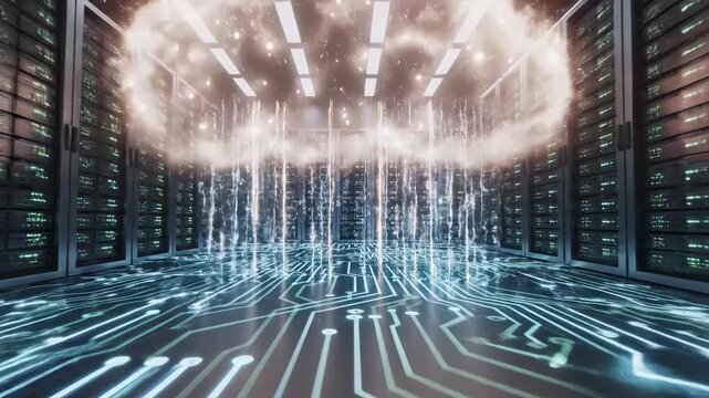 Server room with cloud computing imagery