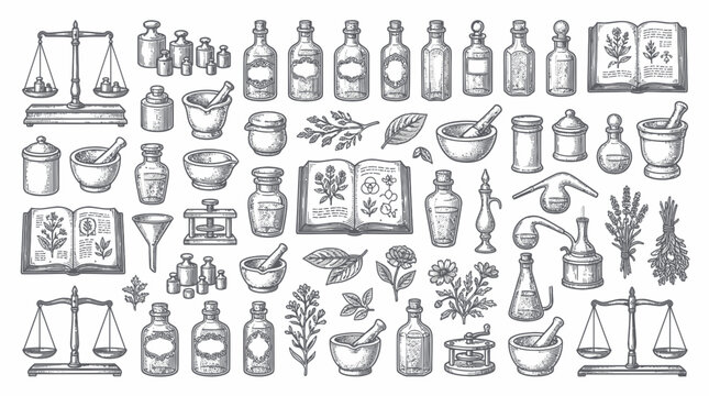 Collection of vintage apothecary equipment and medicinal herbs