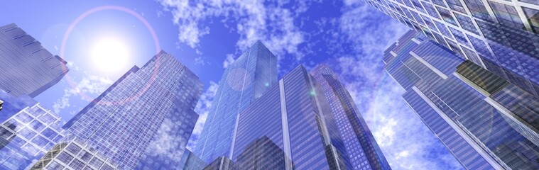 Skyscrapers, high-rise buildings from below against the background of the sky, cityscape, panorama of skyscrapers, 3D rendering © ustas