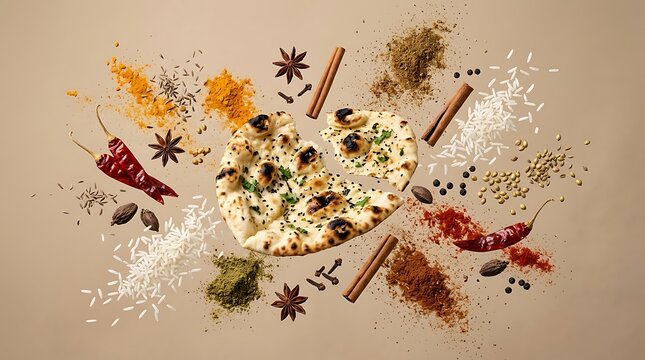 Flat lay of indian naan bread surrounded by various spices and basmati rice on a beige background