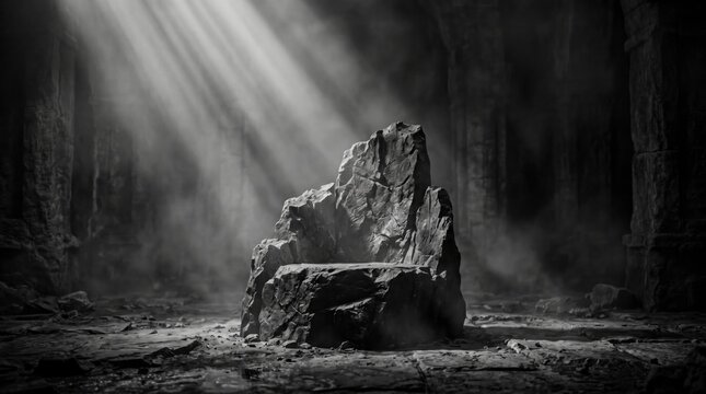 Stone throne illuminated by sunbeams in an ancient dark chamber with monochromatic cinematic lighting for fantasy book cover design