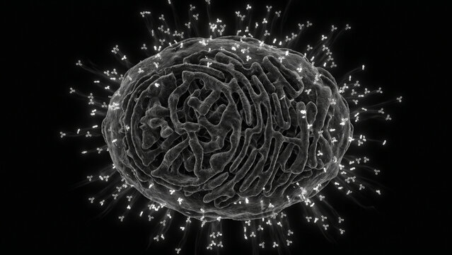 クローン増殖した形質細胞（B細胞）が大量の抗体を放出する様子を描いた、漆黒背景の医療CG画像。