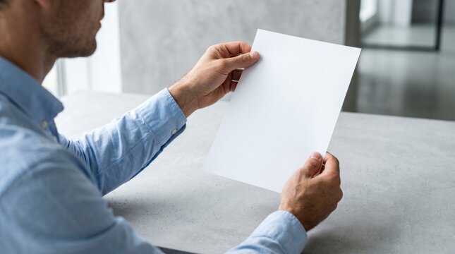 Blank paper mockup held by businessman in modern office setting with natural light and soft focus for corporate branding