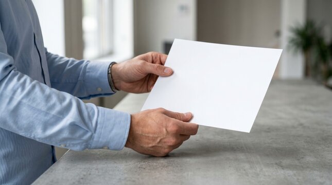 Blank horizontal paper mockup held by hands over a stone counter in a bright office lobby with soft focus for stationery branding