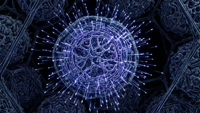 クローン増殖した形質細胞（B細胞）が大量の抗体を放出する様子を描いた、漆黒背景の医療CG画像。