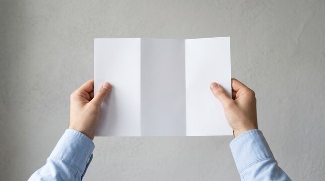 Blank tri-fold brochure held by hands against a grey textured wall in a minimalist pov shot for corporate branding mockups