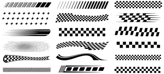 Racing stripe vector set, black and white motorsport graphics featuring checkered flag elements, racing speed lines, and dynamic car decal patterns for automotive design © AYAT