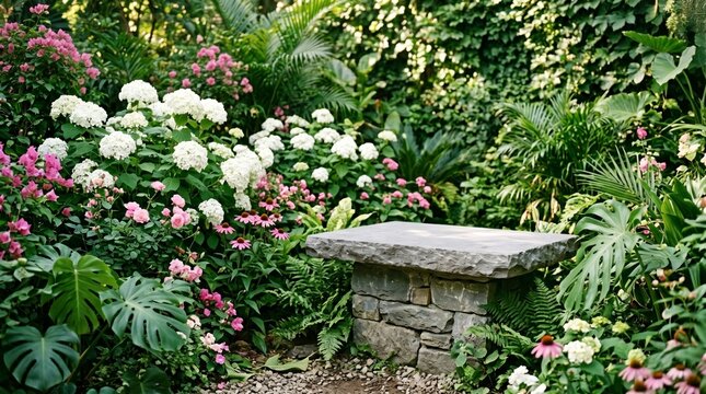 Stone garden bench surrounded by blooming white hydrangeas and tropical monstera leaves for landscaping design