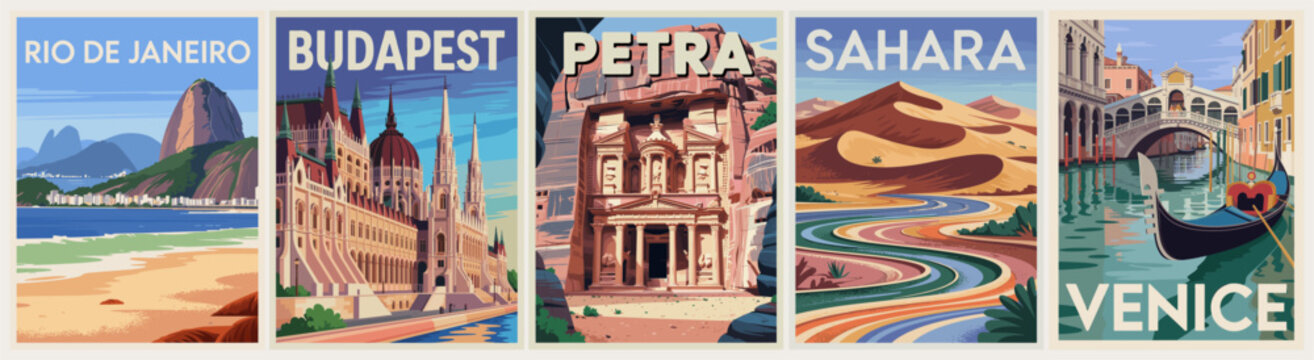 Vibrant travel posters display iconic global destinations. Rio's beach meets Budapest's grand architecture. Petra's ancient ruins sit beside Sahara's vast dunes