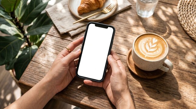 Smartphone mockup held in hands over wooden cafe table with latte foam and croissant in dappled light for application interface presentation