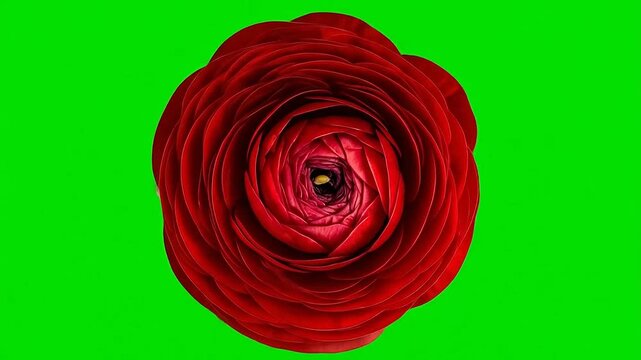 Vibrant red ranunculus flower blooming against a solid green background