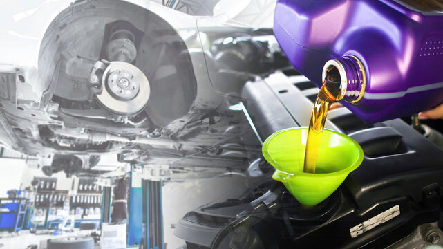 Pouring fresh motor oil into car engine with brake system maintenance background in auto repair shop garage service, double exposure
