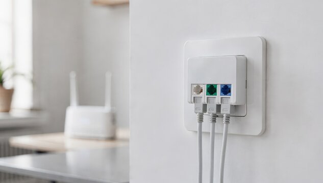 Detailed shot of a fiber terminal on a clean wall panel WiFi router blurred showcasing sleek FTTH installation in an urban apartment.
