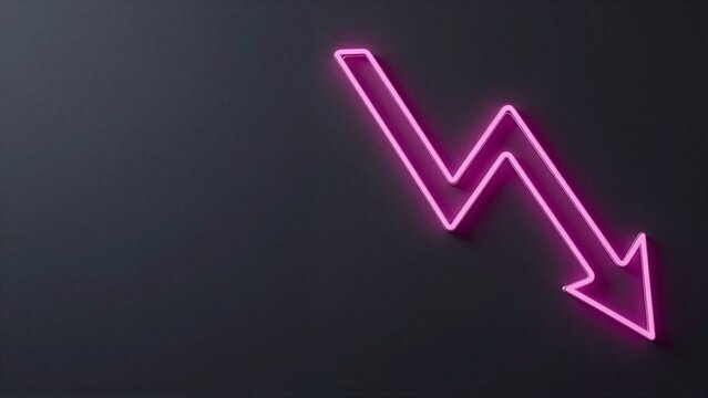 Pink neon arrow pointing down on dark background, symbolizing decline or decrease.