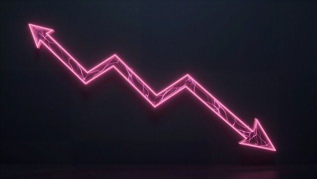 Neon pink arrow graph shows fluctuating trends against a dark background.