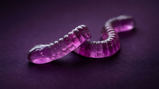Vibrant Translucent Purple Gummy Worm Candy Twisted on a Dark Purple Surface Macro